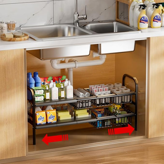 Under Sink Organizers and Storage,Detachable Panels and Baskets,Under Sink Storage,Adjustable 2 Tier Under Kitchen Sink Organizer (5 partitions)