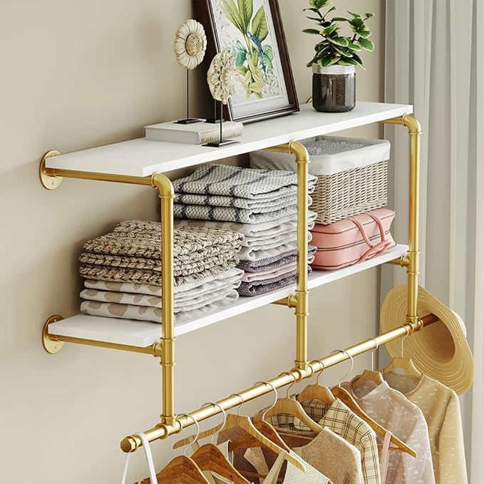 MAIKAILUN Industrial Pipe Clothes Rack Gold with Wood Shelf, 52" Long Wall Mounted Clothing Rack with Hanging Rod for Laundry Room, Heavy Duty Pipe Shelves, Closet Storage, Retail Boutique Display