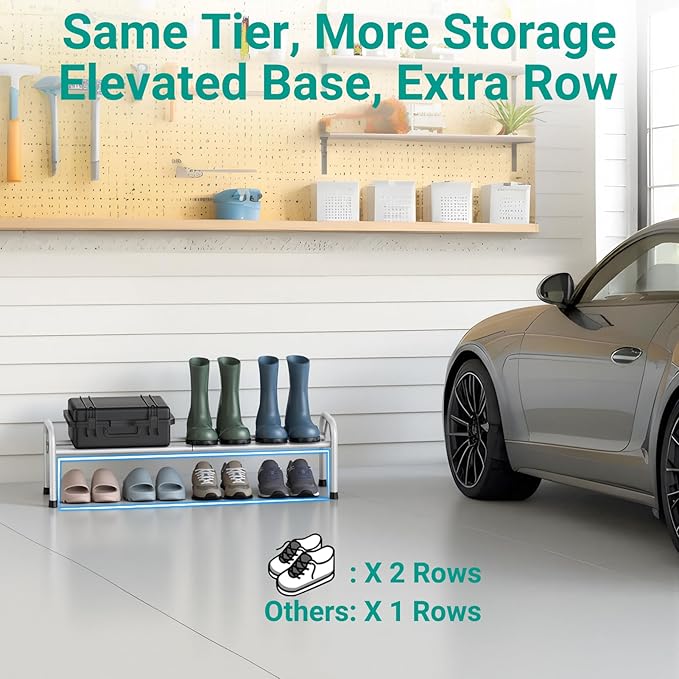 1-Tier Expandable Shoe Rack for Closet Floor, Λ-Frame Metal Small Shoe Rack for Entryway, Adjustable Shoe Shelf Organizer, Free Standing Shoe Racks for Front Door Entrance, Garage - White