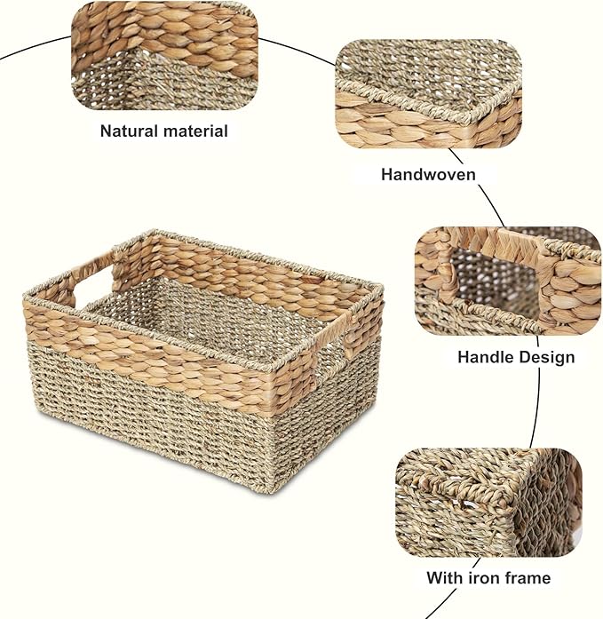 YAHUAN Natural Water Hyacinth & Seagrass Woven Storage Baskets â Wicker Storage Basket Organizer Bins with Handles for Home & Office Pantry Shelf (Set of 3)