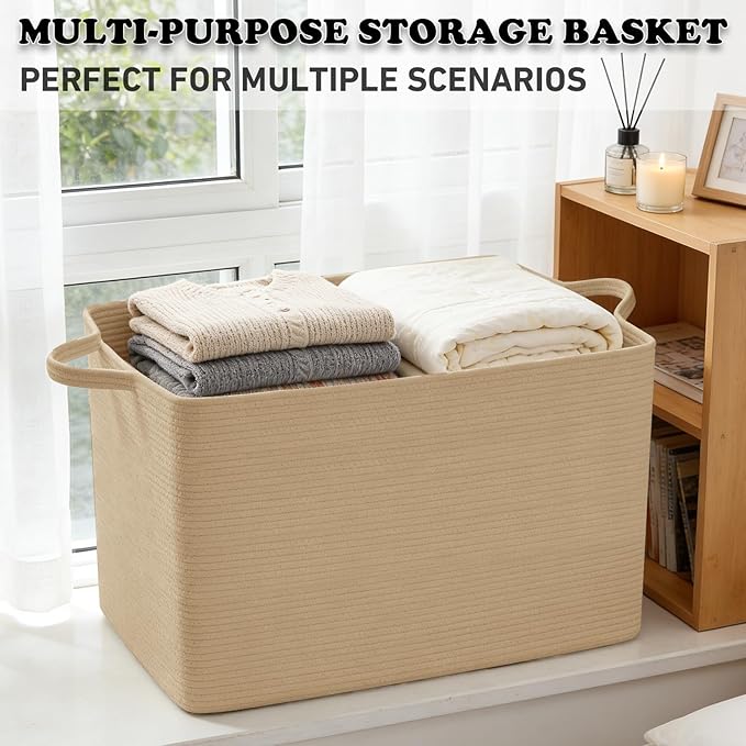 Magazine & Newspaper Baskets,65L Large Woven Rope Blanket Basket,21"x16"x12"Storage Bin with Handle,Toys Storage,Laundry Basket for Home Organization/Living Room/Nursery/Bedroom,Jute