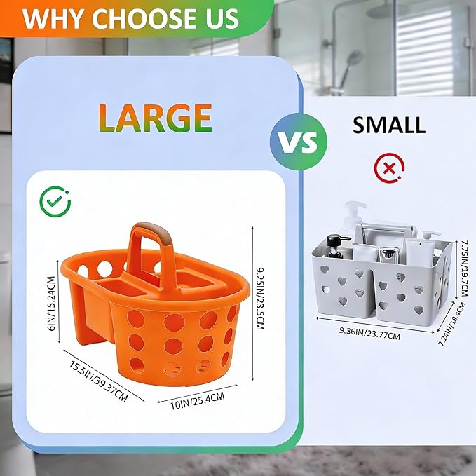 Large Shower Caddy Portable 2PC - Made in USA Plastic Jumbo Size Dorm Storage Candy Tote with Handle Shower Organizer for Bathroom, Pantry, Kitchen, College Dorm, Green/Orange