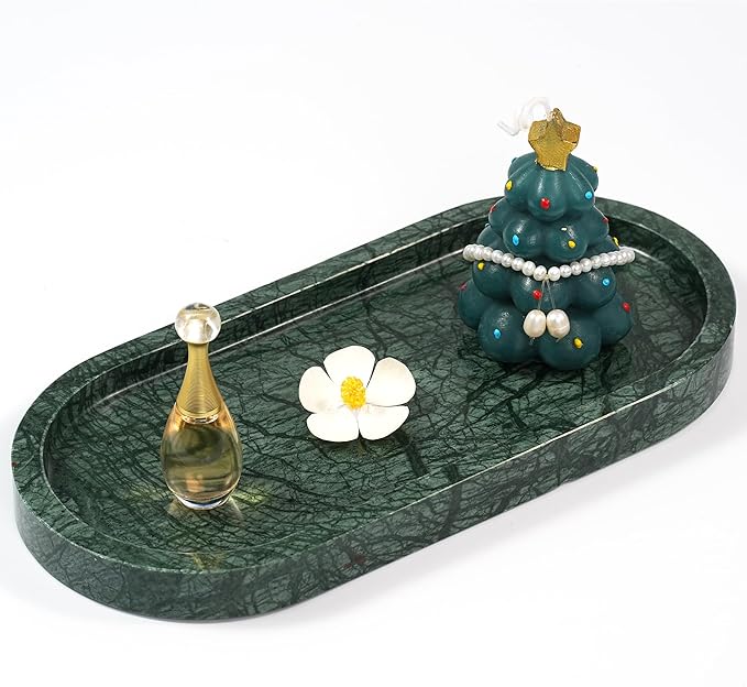 Green Marble Oval Tray - Stone Decorative Perfume Trinket Jewelry Dish, Catchall Organizer for Bathroom Vanity Dresser Kitchen Countertop Home Decor