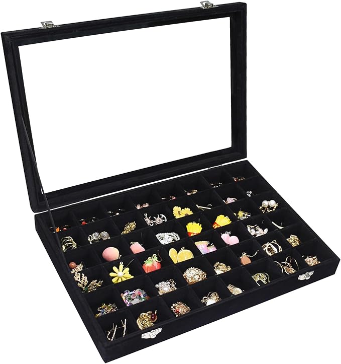 Velvet Jewelry Tray 48 Compartments Jewelry Display Organizer with Transparent Cover Rings, Earrings, Necklaces, Pendants Storage Box for Girls, Wives, Mothers, Women