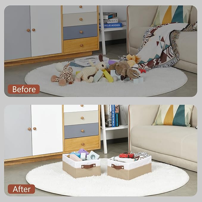HNZIGE Collapsible Storage Bins, 6 PCS Fabric Small Storage Bins for Organizing Shelves, White&Beige, 11.8 x 7.8 x 5.1 inches