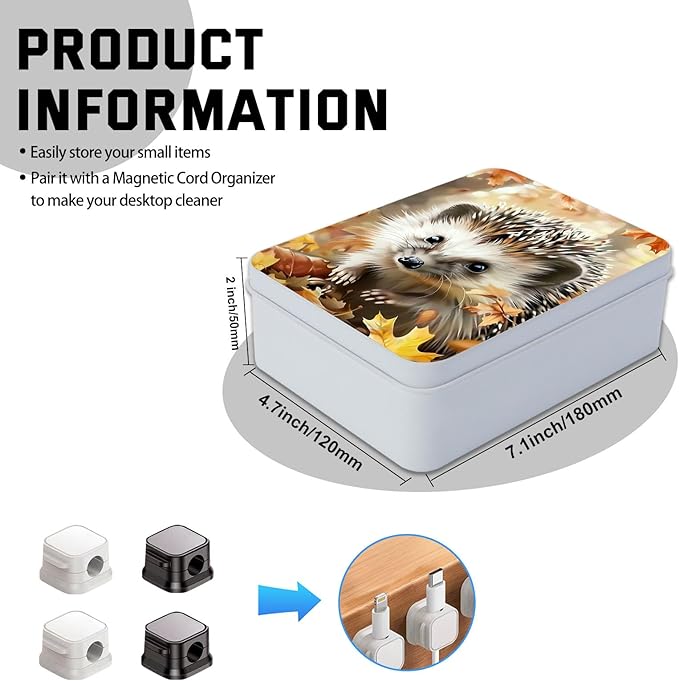 Metal Tin Box with Lid,Multi-functional Storage Large Box Can Store Tea Biscuits Game Cards, Playing & Tarot Cards-Comes with 4 Magnetic Cord Clips,Hedgehog in Autumn Leaves