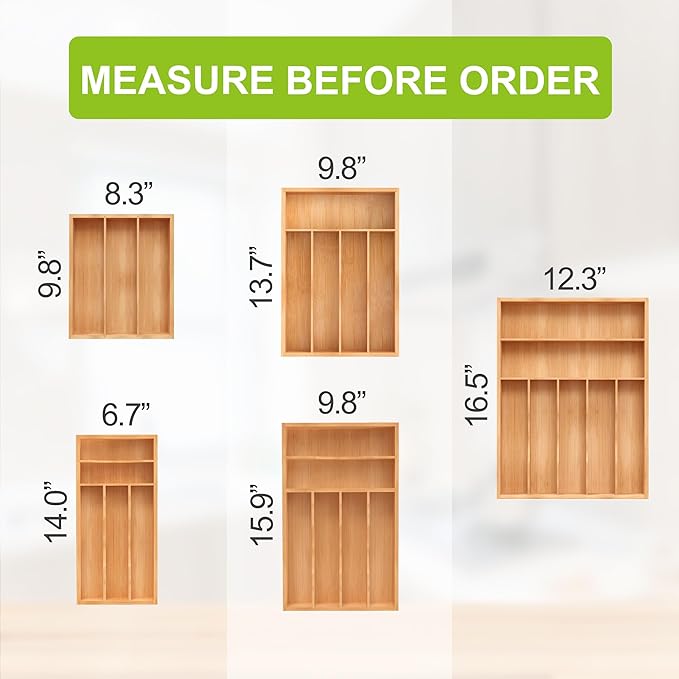 Bamboo Utensil Drawer Organizer, Silverware Tray Organizer, Kitchen Drawer Organizer for Flatware Cutlery, (Natural, 3 Slots)
