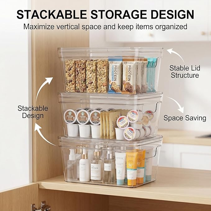 MOONEDGE Small Clear Plastic Storage Bins with Lids and Handles – Stackable Clear Organizer Bins for Fridge, Kitchen, Pantry, Bathroom, Closet, Laundry Room, Office – 2 Pack (10×6×5 in)