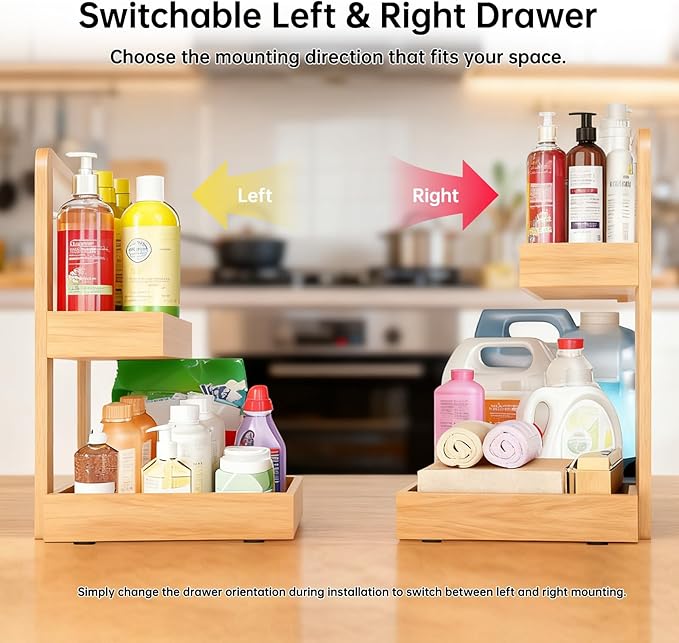 2-Tier Under Sink Pull Out Organizer, Bamboo Cabinet Storage Shelf with Adjustable Height, 9 Inch White Slide Out for Kitchen Bathroom Pantry