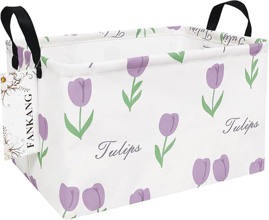 FANKANG Storage Bins, Nursery Hamper Canvas Laundry Basket Foldable with Waterproof PE Coating Large Storage Baskets for Kids Boys and Girls, Office, Bedroom, Clothes,Toys(Rec-tulips ）