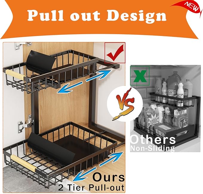 2 Pack Under Sink Organizer Cabinet for Kitchen Bathroom, 2 Tier Metal Slide Out Under Sink Drawers, Adjustable Height, Under Sink Pull Out Organizers and Storage, Black, 13.7" H-17 H