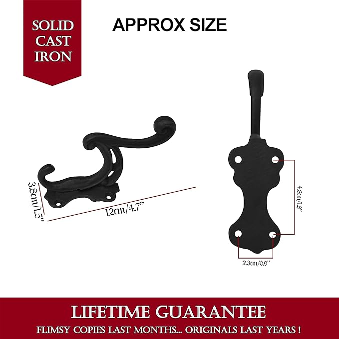 Mystic Colonial Rustic Cast Iron Wall Hooks, Heavy Duty Coat Hooks for Coat, Bag, Towel, Hat & Robe, Mounting Hardware Included, Black, Pack of 10