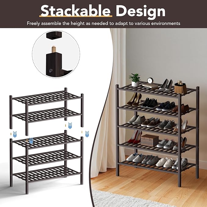 Haddockway Large 2 Tier Bamboo Shoe Rack Storage Organizer, Multifunctional Free Standing Stackable Shoe Shelf with Grid Panel for Closet,Hallway,Entryway,Small Space 27"x12"x14"