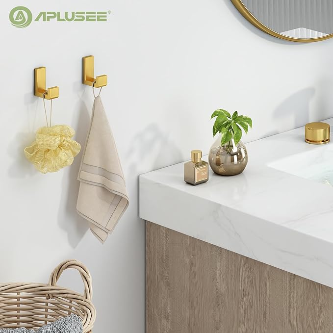 APLusee L Shape Bath Towel Hook 2 Pack, 304 Stainless Steel Coat Holder, Wall Mounted Storage Hanger for Bathroom Kitchen, Brushed Gold
