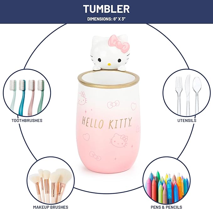 Jay Franco Hello Kitty 4 Piece Bathroom Accessories Set - Pink Resin Soap Dispenser, Toothbrush Holder, Soap Dish, Tumbler - Sanrio Kawaii Bathroom Decor