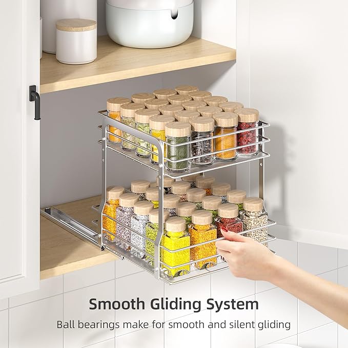 Pull Out Spice Rack Organizer for Inside Cabinet, 2 Tier Metal Spice Organization for Cabinet, Vertical Slide Out Seasoning Organizer, 9.65"W x 10.7"D x 10.24" H (Not for Cabinet with Lip)