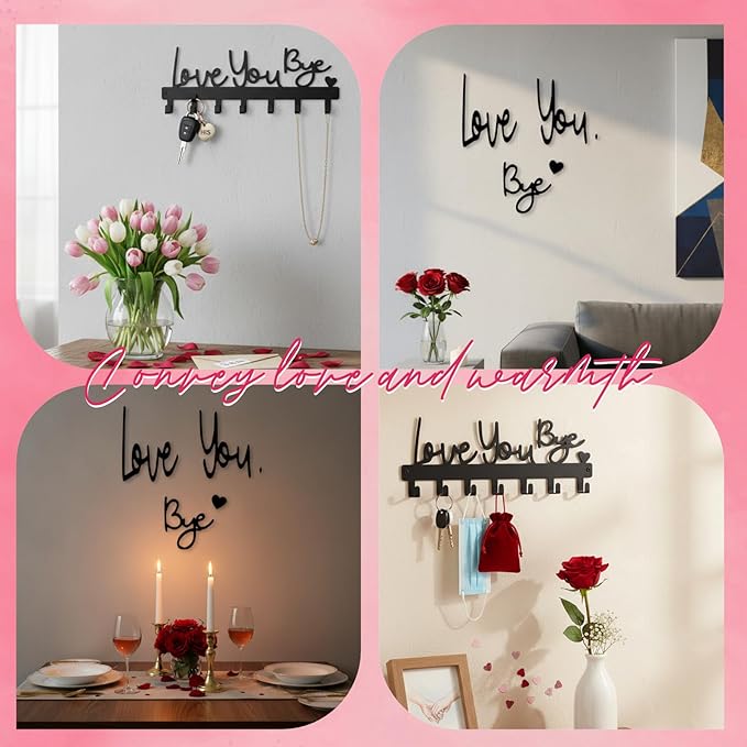 Valentines Key Holder Wall Mount, Love You Bye Key Holder for Wall, Key Holder Hook Rack Organizer Hanger with 6 Hooks for Entryway, Front Door, Hallway, Living Room (Love You Bye Artistic)