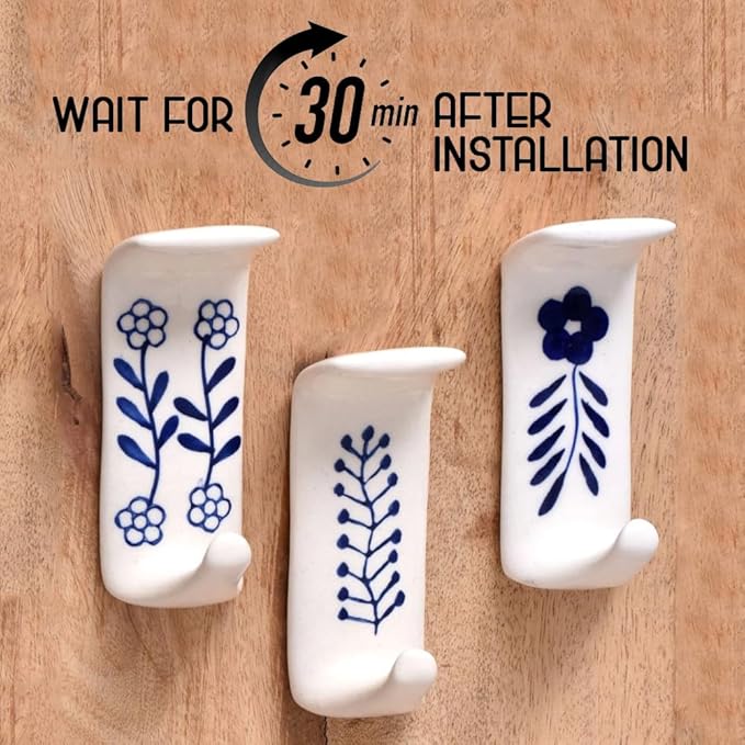 Indian Shelf Boho Ceramic Adhesive Wall Hooks - Damage-Free Decorative Blue Pottery Hangers for Keys & Towels, Renter-Friendly Stick-On Home Décor - 3 Hooks with 6 Strips(Style 1)