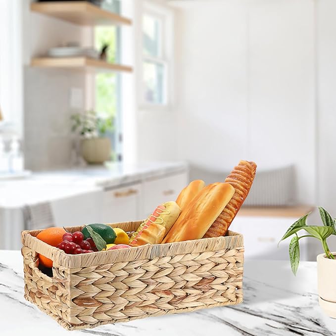 Wicker Basket for Shelf Woven Open Storage Bins with Built-in Handles Handwoven Water Hyacinth Storage Baskets Box for Living Room Bathroom Kitchen,13.8"L x 9.3"W x 5"H