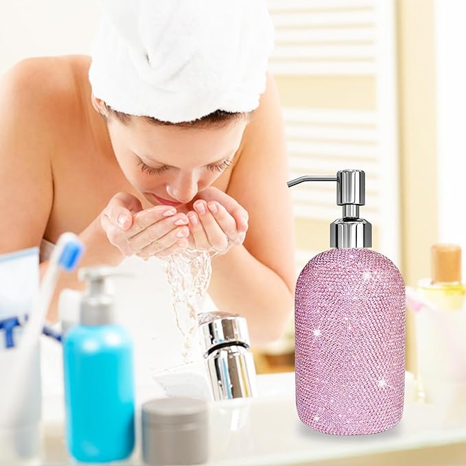 SlowVibes 18Oz Bling Pink Glass Soap Dispenser with Rust Proof Stainless Steel Pump,Refillable Liquid Hand Wash Bottle for Bathroom Kitchen,Sparkle Decorative Rhinestone Shower Lotion Dish Dispenser