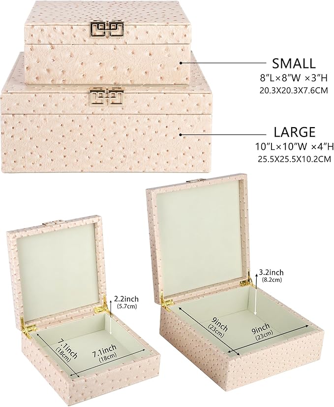 HofferRuffer Square Decorative Boxes, Set of 2 Nesting Storage Memory Keepsake Boxes with Lids, Stylish PU Leather Trinket Jewelry Organizer Box for Home Decor and Storage (CreamWhite Ostrich)