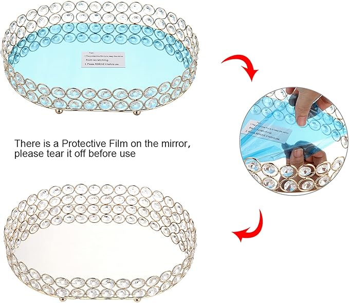 Hipiwe Mirrored Crystal Vanity Makeup Tray, Gold Ornate Jewelry Trinket Decorative Tray Cosmetic Perfume Display Organizer Tray,Home Decor Tray for Dresser/Bathroom, 11.8" x 8"