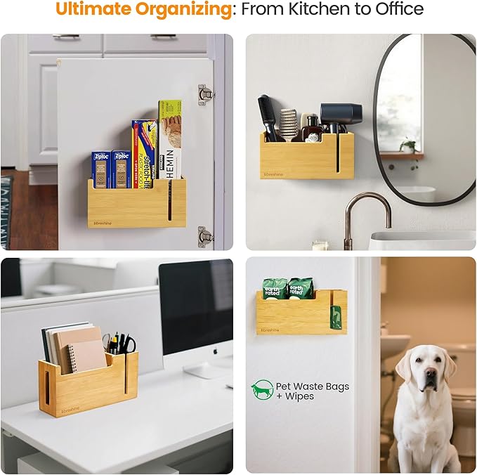 Bamboo Trash Bag Dispenser & Holder 1.2–4 Gallon, No-Drill Adhesive Wall Mount & Cabinet Door, Fits Up to 3.3” Diameter Rolls, Mini Garbage Bag Organizer for Kitchen Under Sink