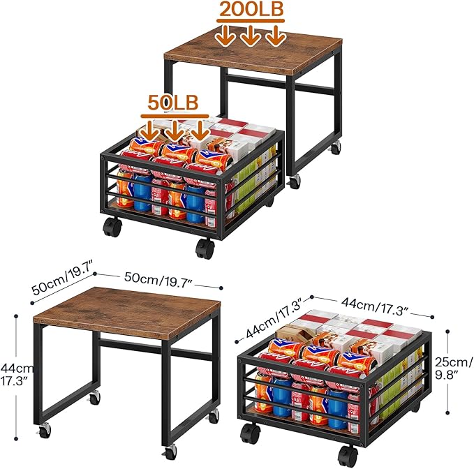 HOOBRO Mini Fridge Stand with Movable Storage Basket, Mini Fridge Cabinet with Wheels and Adjustable Feet, Sturdy Metal Frame, for Kitchen, Living Room, Office, Rustic Brown and Black BF155TL01