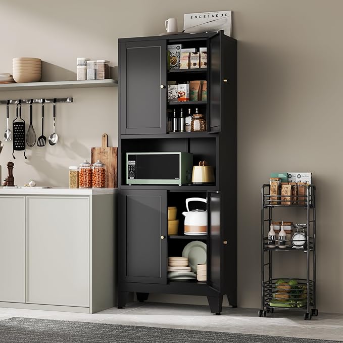 69" Tall Metal Pantry Cabinet with Microwave Shelf,Microwave Storage Cabinet with 4 Doors & 3 Adjustable Shelves,Metal Cabinet with Storage for Kitchen Dining Room Living Room(1PC,Black)