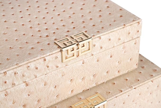 HofferRuffer Square Decorative Boxes, Set of 2 Nesting Storage Memory Keepsake Boxes with Lids, Stylish PU Leather Trinket Jewelry Organizer Box for Home Decor and Storage (CreamWhite Ostrich)