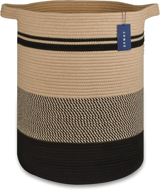COMSE Extra Large Blanket Basket, Tall Laundry Basket, Nursery Hamper, 15.7âx 21.7â, Cotton Rope Woven Laundry Hamper for Storage Toys Clothes Towels, Brown/Black
