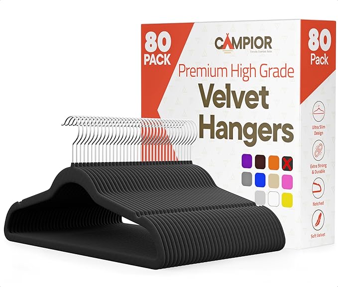 Black Velvet Hangers 80 Pack – 360° Swivel Hook, Non-Slip and Space Saving Hangers, Heavy-Duty 11 lbs Weight Capacity - Smooth Velvet Finish for Crease-Free Clothes and Effortless Closet Organization