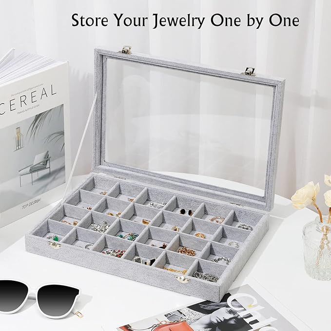 Emibele Velvet Jewelry Organizer Box, 24 Grids with Clear Lid Rings Earrings Bracelets Necklace Organizer Tray Showcase Display Jewelry Storage Case, Grey