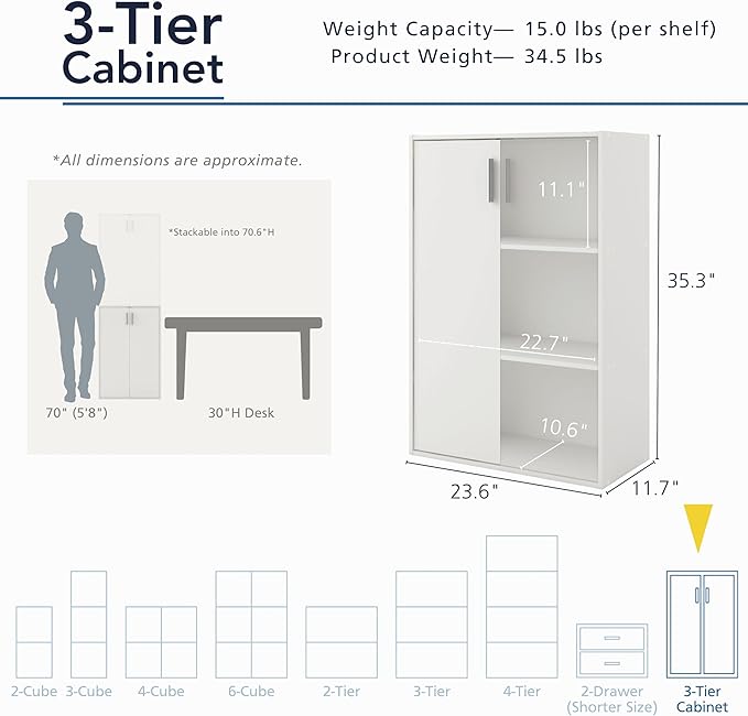 Homes: Inside + Out Apexa 3-Tier Stackable Wood Bookcase with Doors, Cube Storage Organizer Shelves, Small Food Pantry Cabinet, Dorm Teen Room Decor & Bedroom, Home Office, Kitchen, White