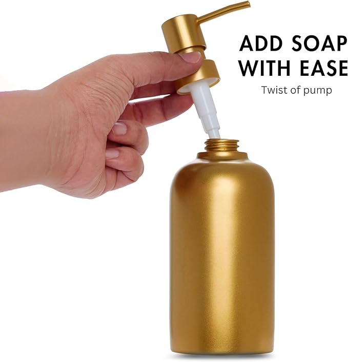Gold Soap Dispenser for Kitchen & Bathroom – 15 oz Refillable Resin Pump Bottle for Dish Soap, Hand Soap, Shampoo, Conditioner – Modern Countertop Dispenser with Non-Slip Protective Pads