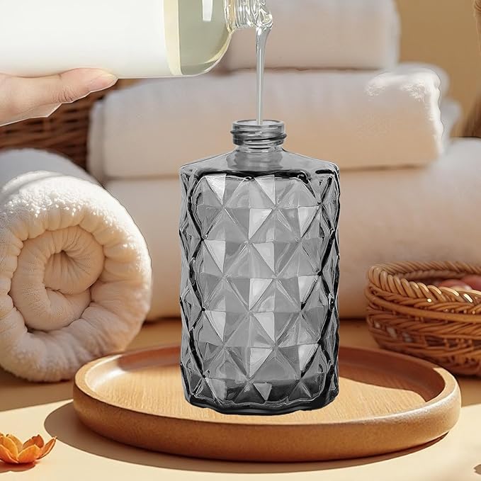12Oz Gray Glass Soap Dispenser with Stainless Steel Pump, Refillable Kitchen Liquid Hand Soap Dispenser with Diamond Design, for Dispense Hand soap, Dish Soap, Lotion, Bathroom, Countertop, Hotel