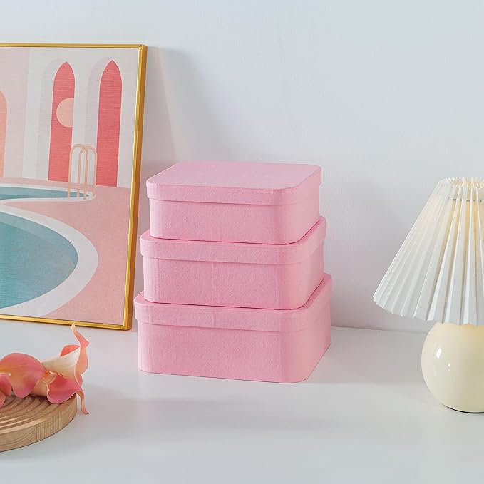 Soul & Lane Set of 3 Textured Pink Boxes with Rounded Edges, Decorative Cardboard Boxes with Lids, Nesting Gift Storage, Large Paperboard Containers for Organizing and Keepsakes