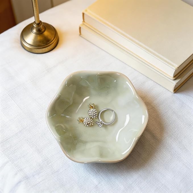 Green Lotus Leaf Shape Ring Jewelry Dish Holder,Small Trinket Jewelry Tray,Decorative Jewelry Plate Bowl,Key Bowl,Birthday Engegament Gifts for Women Friends,Ceramic