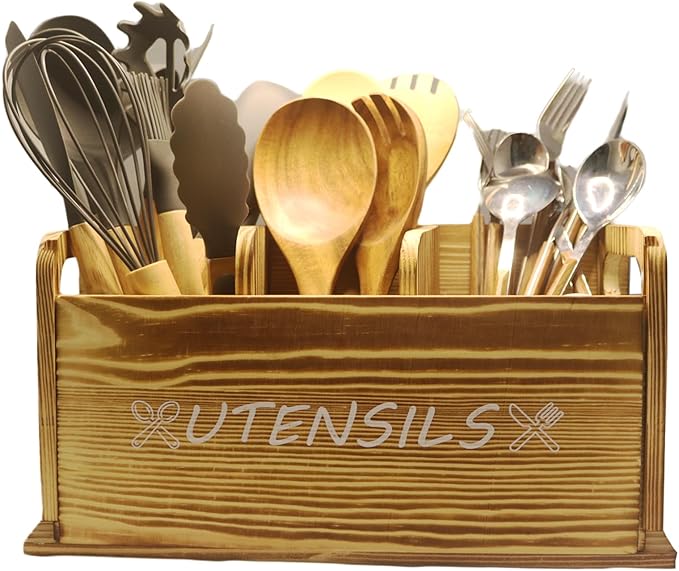 Utensil Holder Rustic Wood White Large Farmhouse Spatula Organizer for Kitchen counter Farmhouse,Countertop,Cooking Tools Storage (Wood)