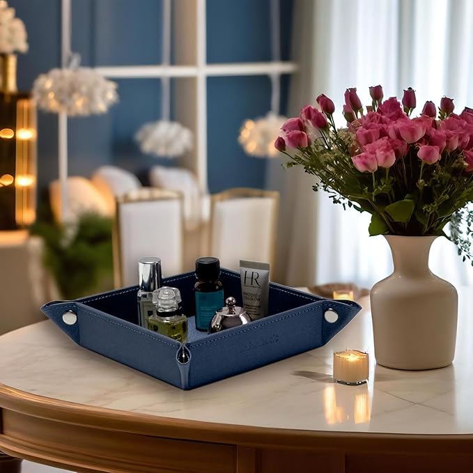 UnionBasic Small Valet Tray, Jewelry Tray for Rings Watches Earrings, Entryway Catchall Caddy for Coins Keys Change, Nightstand Bedside Valet Holder, Trays for Electronic Gadgets, Denim Blue