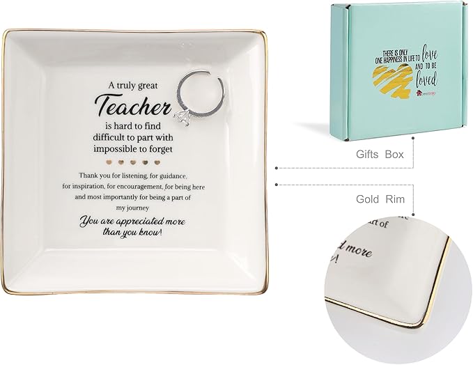 HOME SMILE Christmas Gifts for Teacher-Teacher Appreciation Gifts for Women Ring Jewelry Dish,Thank You Graduation Retirement Gifts for Teachers Women