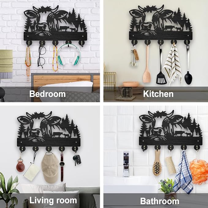 MAYJOYDIY Wood Cow Forest Coat Hooks Farm Animal Calf Tree Key Holder for Wall 11.8×7.9inch Decorative Cow Family Key Wall Hooks for Hanging 5 Alloy Hooks for Farmhouse Entryway Office Gift