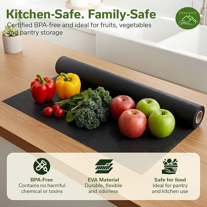 EVALAND Shelf Liners for Kitchen Cabinets Non-Adhesive 12" x 33 FT Black Drawer Liner Non Slip, Washable Cabinet Liner, Waterproof Shelf Liners for Cabinets, Refrigerator Bathroom Pantry - Thickened
