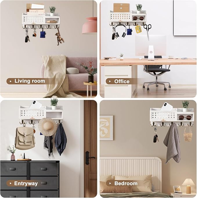 Key and Mail Holder Wall Mount - Mail Organizer Wall Mounted with Hooks and Storage Box, Key Rack for Entryway, Wall Mail Organizer for Home, Modern Farmhouse Decor, Easy Install Key Hanger (White)