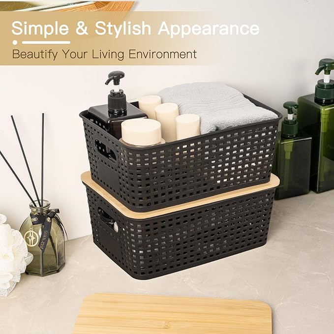 Criusia 6 Pack Plastic Storage Baskets With Bamboo Lid, Stackable Storage Baskets for Organizing Desktop Closet Shelves Drawers Pantry Organization Office Playroom Classroom (Black)