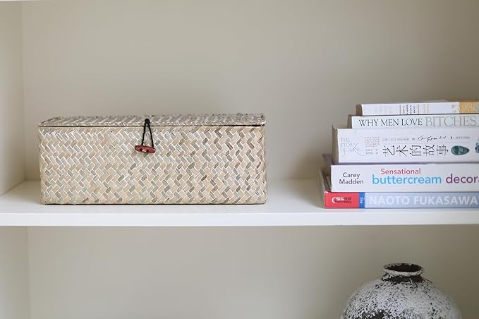 3 Section Seagrass Storage Basket, Handmade Shelf Baskets with Lid for Bathroom/Closet/Livingroom