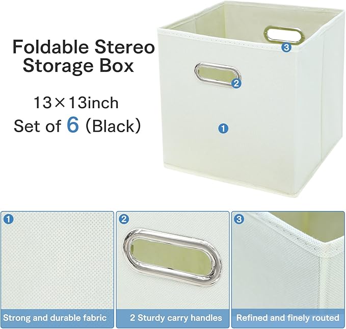 STORONE 13 Inch Cube Organizer Bins, Fabric Storage Bins with Dual Handles, Set of 6, Creamy-White