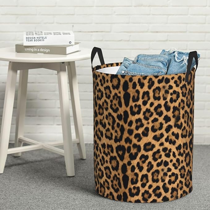 Leopard Cheetah Round Laundry Hamper Wildlife Fur Print Storage Basket Toys Clothes Organizer Bin For Home Bathroom Bedroom Dorm Nursery, 38l