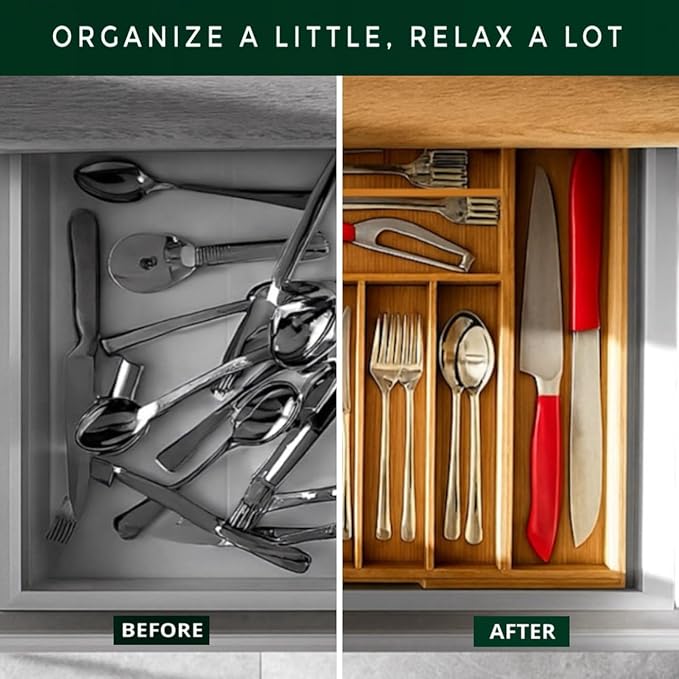 Bamboo Drawer Organizer, Expandable 8-Slot Silverware & Utensil Tray for Kitchen Drawers, Fits 13–19.5 Inch Drawers, Deep Compartments, Durable & Eco-Friendly Natural Bamboo
