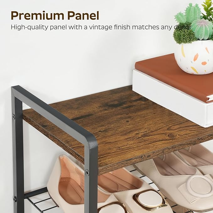 4-Tier Narrow Shoe Rack, Tall Shoe Rack for 4-8 Pairs, Slim Shoe Storage Organizer with Wooden Top, Space Saving, Metal Frame, for Entryway, Rustic Brown and Black SS64BR